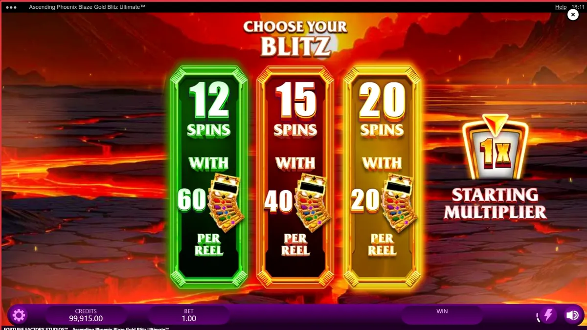 Tampilan visual slot Ascending Phoenix Blaze Gold Blitz Ultimate dengan elemen api dan emas