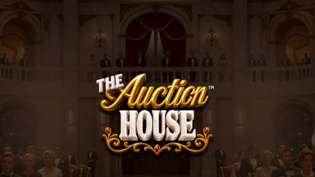 Tampilan visual mewah dari slot The Auction House dengan simbol-simbol barang antik dan perhiasan.